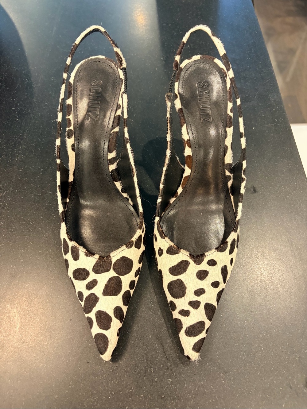 SCHUTZ Black and White Dalmatian Print Slingback Pumps